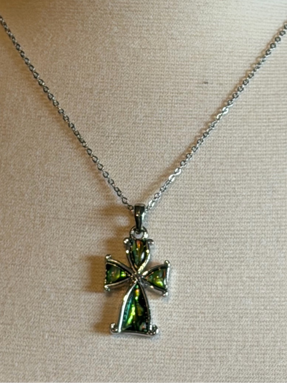 Silver Cross Pendant Necklace with Green Gemstones